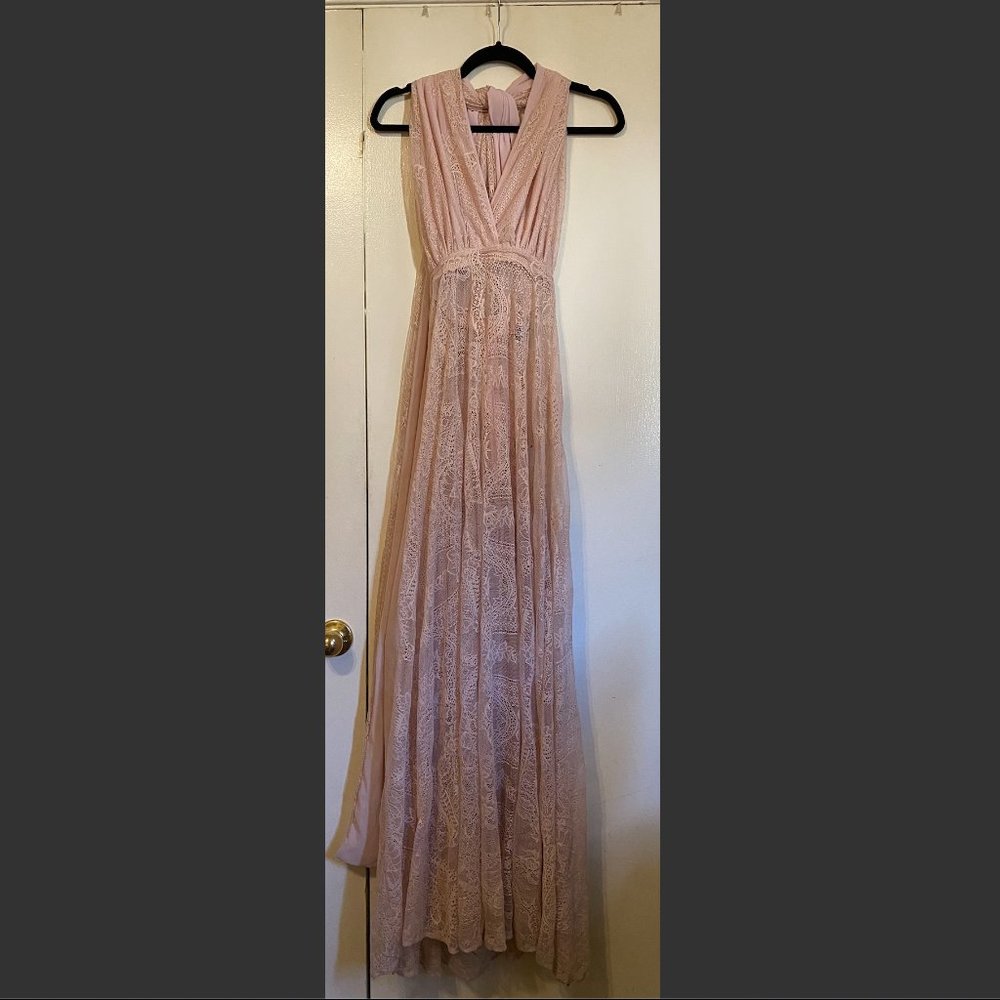 Light Pink Lace Halter Maxi Dress